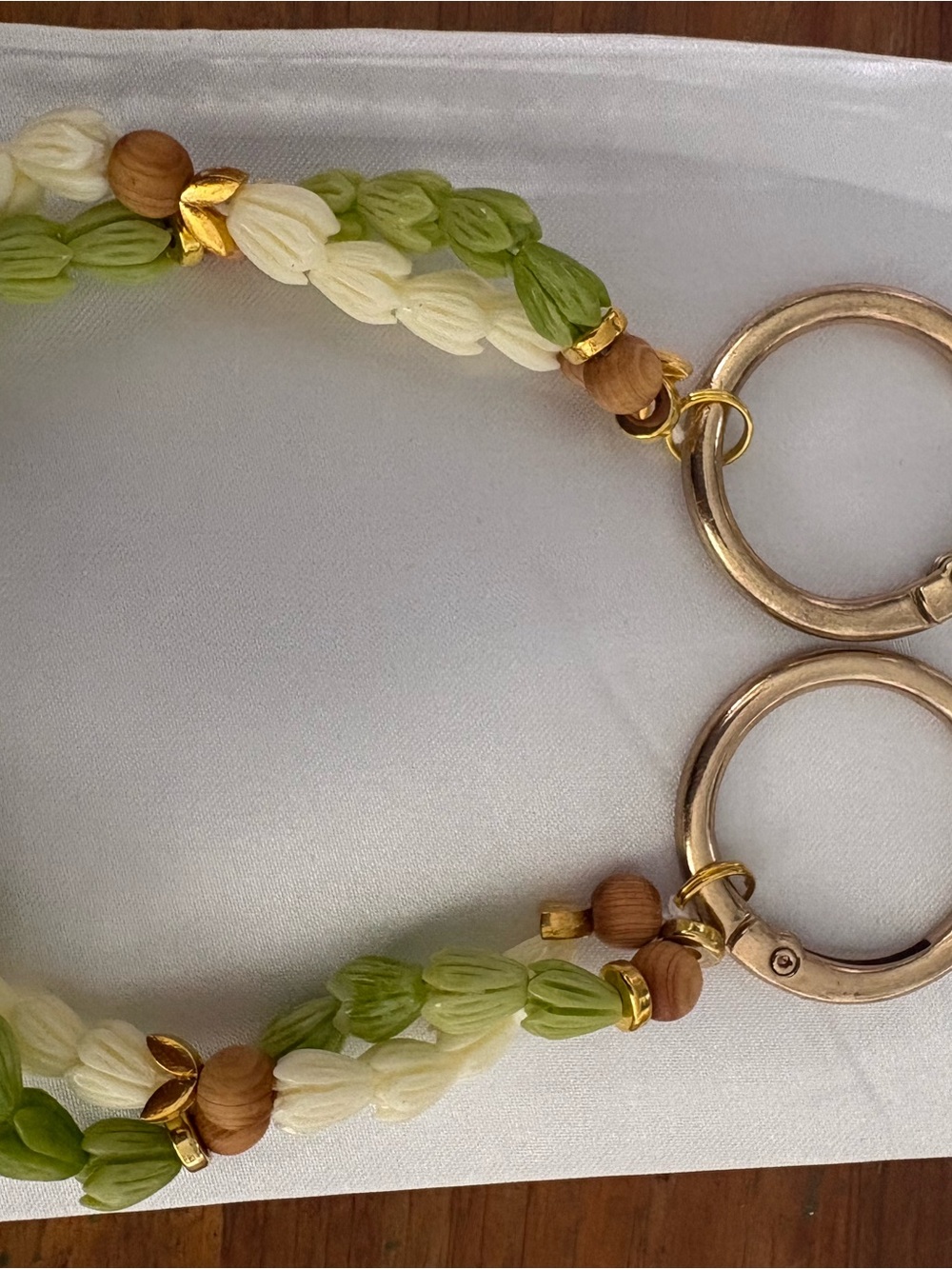 Handmade Green & Cream Beaded Keyring with Gold Accents